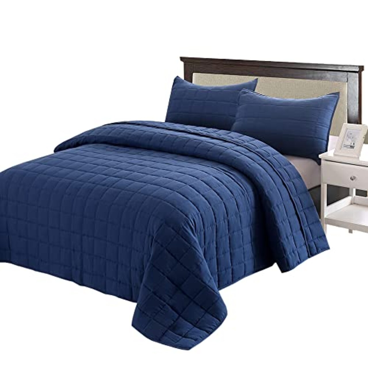 EMME Quilt Set Twin Size 2 Pieces (66x90 inches), Pre-Washed Microfiber Bedspread for All Season, Lightweight and Reversible Coverlet (Squares Pattern, Navy)